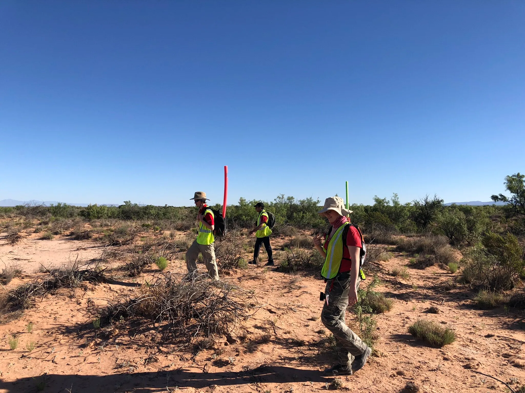 Team members walking through a desert landing site.